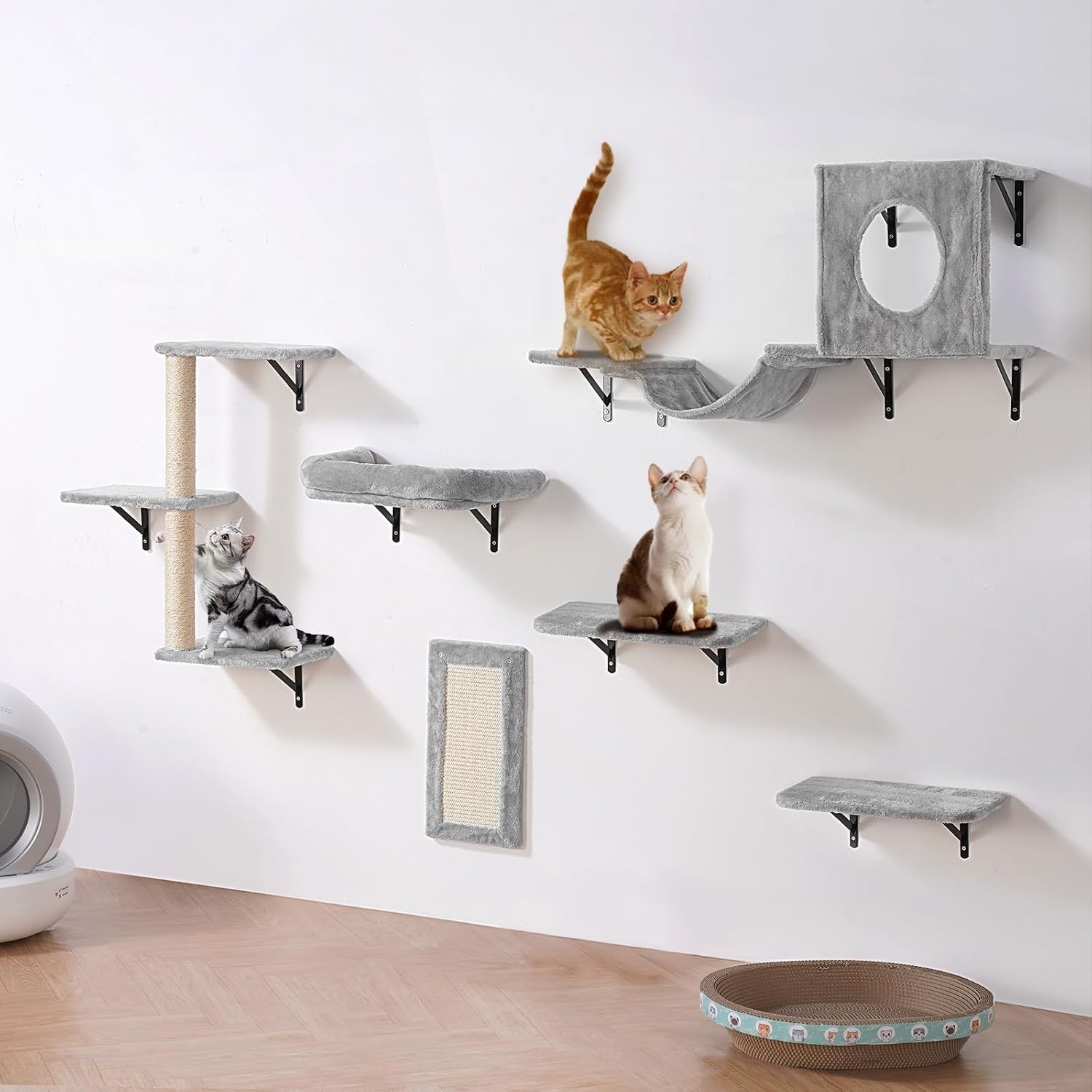 image:imageVEVOR Wall Mounted Cat Shelves Cat Wall Shelves and Perches with Jumping Boards Cat Beds Hammocks amp Cat Tree Cat Furniture and Shelves up to 40 lbs for Sleeping Playing Climbing Set of 9Free