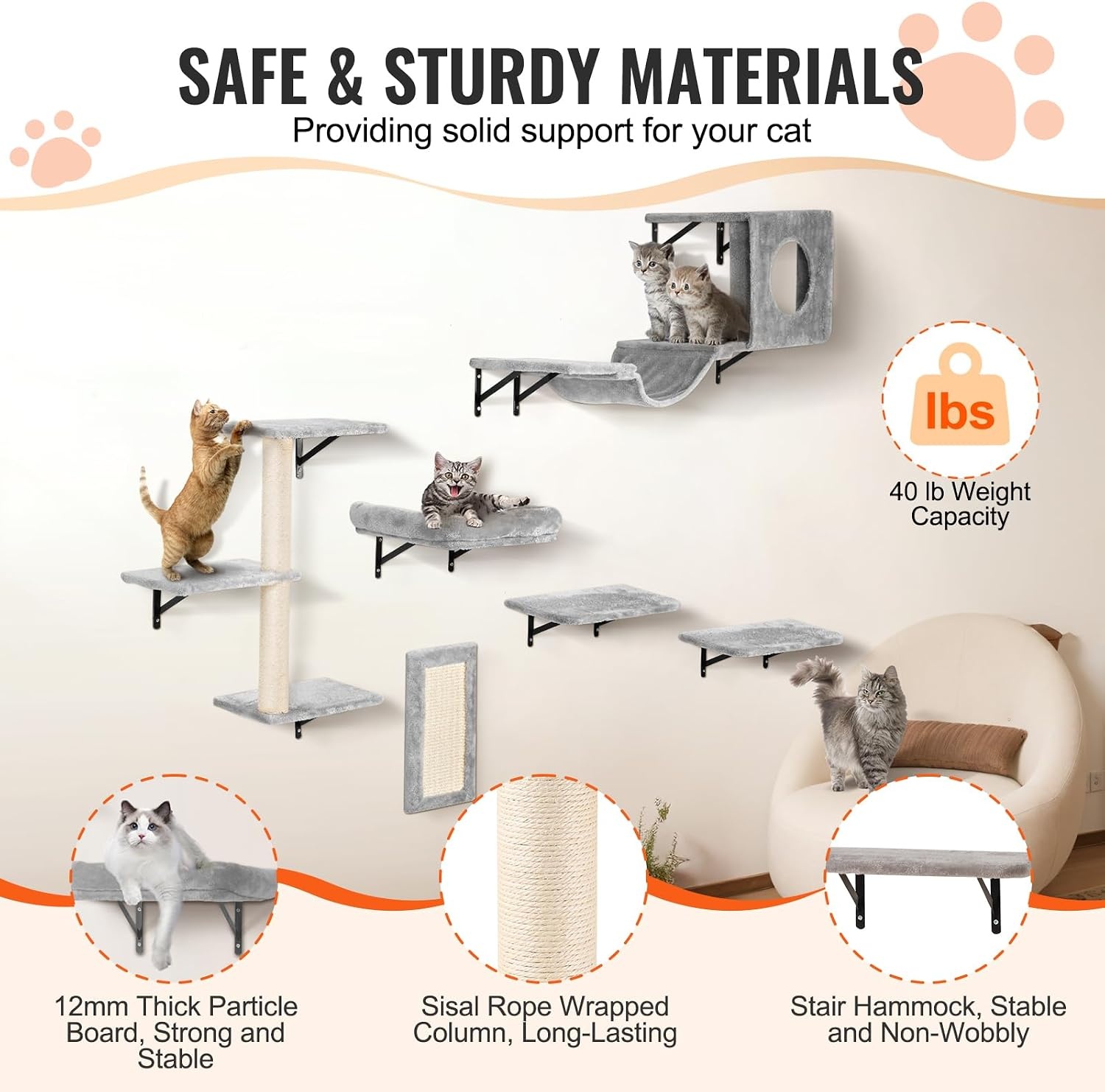 image:imageVEVOR Wall Mounted Cat Shelves Cat Wall Shelves and Perches with Jumping Boards Cat Beds Hammocks amp Cat Tree Cat Furniture and Shelves up to 40 lbs for Sleeping Playing Climbing Set of 9Free