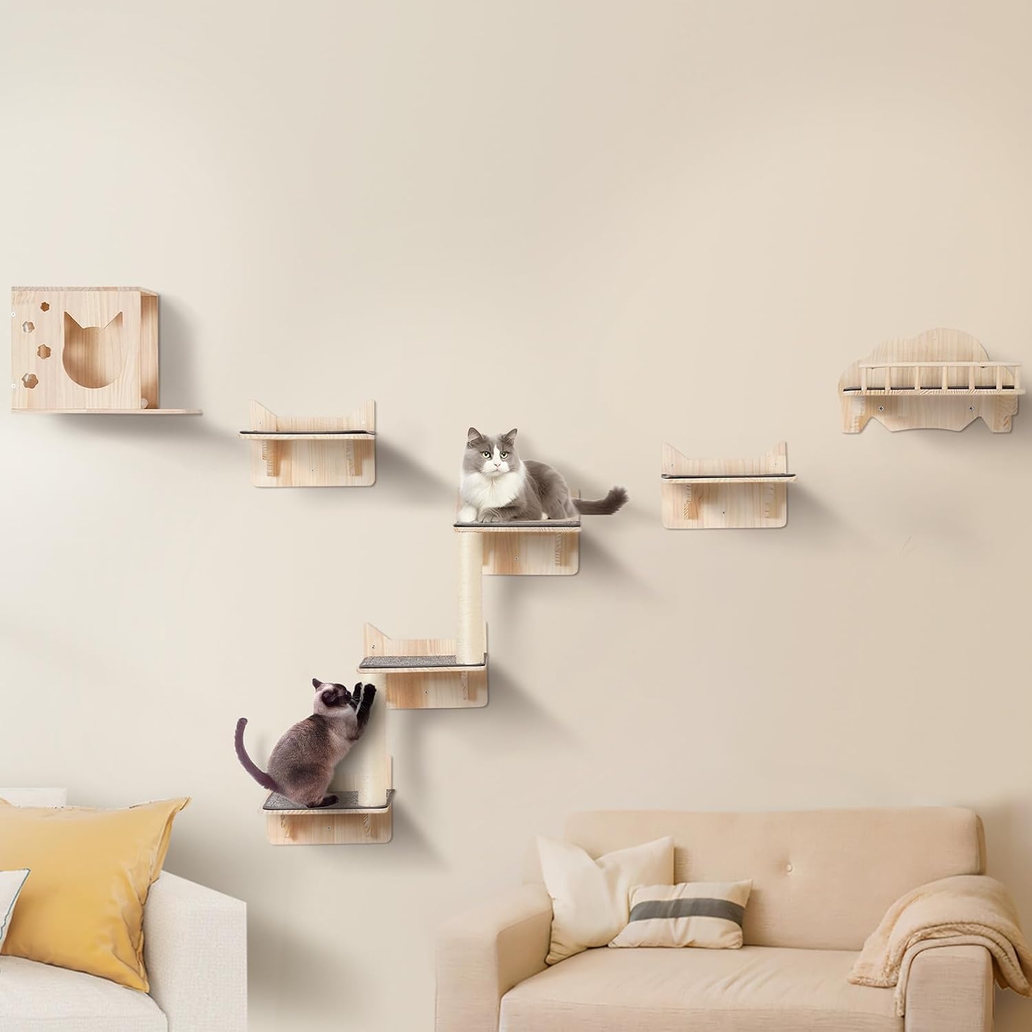 image:imageVEVOR Wall Mounted Cat Shelves Cat Wall Shelves and Perches with Jumping Boards Cat Beds Hammocks amp Cat Tree Cat Furniture and Shelves up to 40 lbs for Sleeping Playing Climbing Set of 9Free