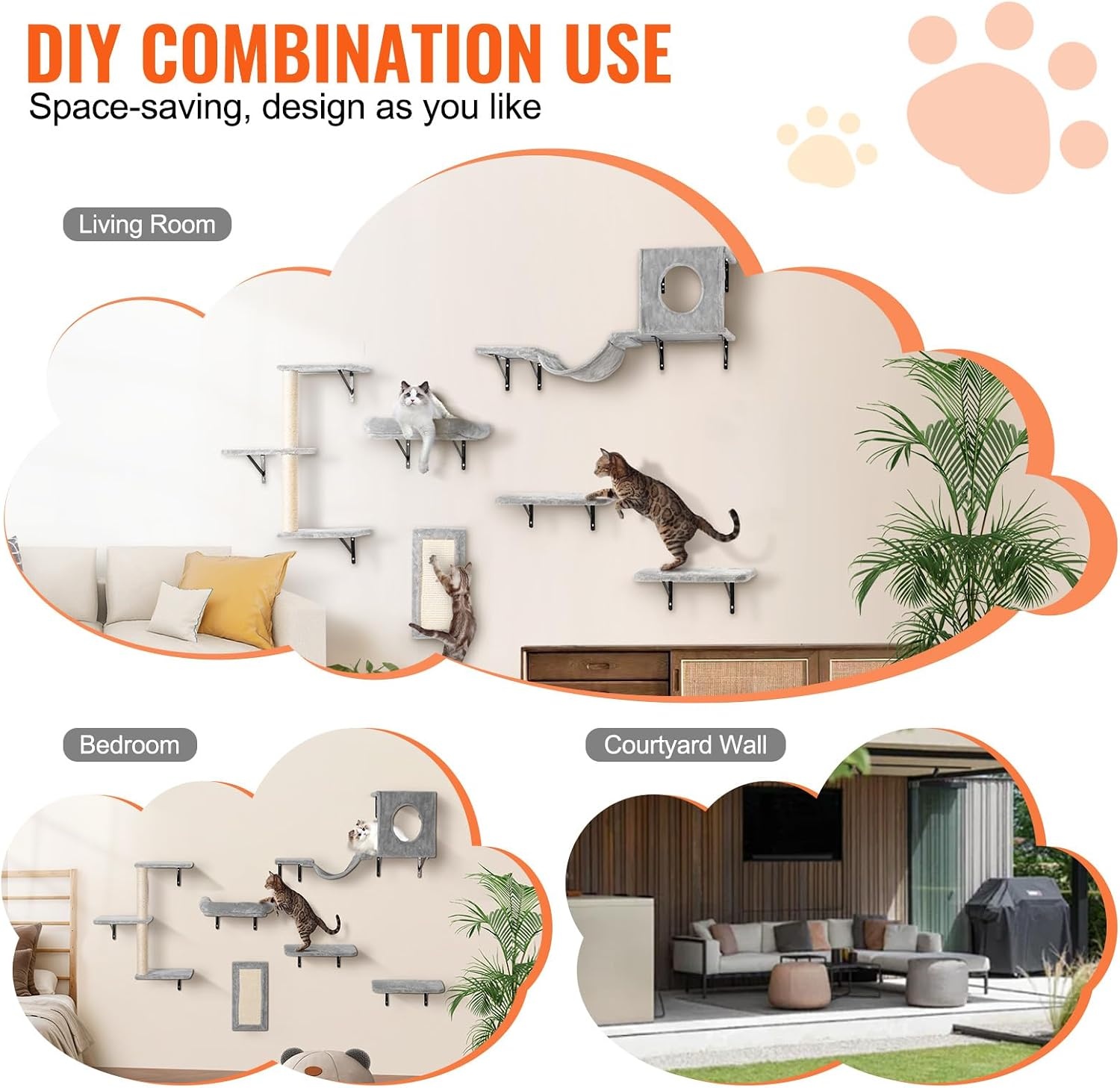 image:imageVEVOR Wall Mounted Cat Shelves Cat Wall Shelves and Perches with Jumping Boards Cat Beds Hammocks amp Cat Tree Cat Furniture and Shelves up to 40 lbs for Sleeping Playing Climbing Set of 9Free