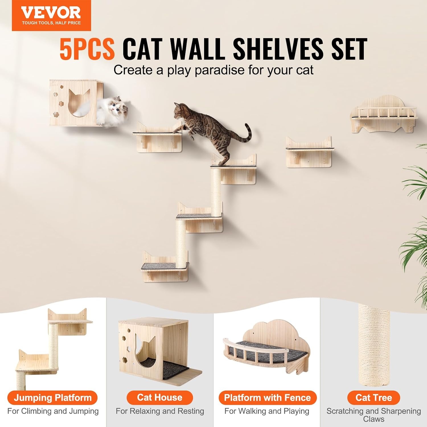 image:imageVEVOR Wall Mounted Cat Shelves Cat Wall Shelves and Perches with Jumping Boards Cat Beds Hammocks amp Cat Tree Cat Furniture and Shelves up to 40 lbs for Sleeping Playing Climbing Set of 9Free