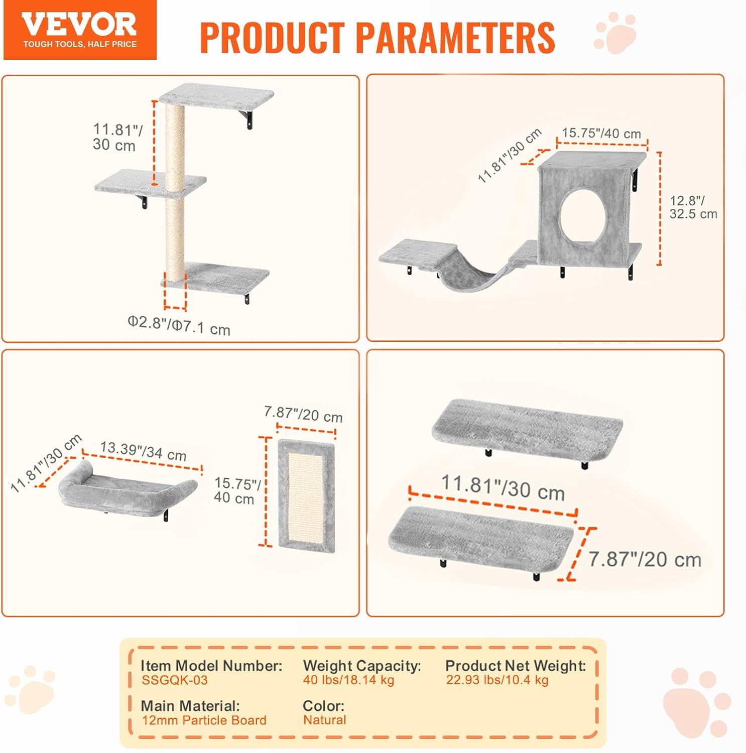 image:imageVEVOR Wall Mounted Cat Shelves Cat Wall Shelves and Perches with Jumping Boards Cat Beds Hammocks amp Cat Tree Cat Furniture and Shelves up to 40 lbs for Sleeping Playing Climbing Set of 9Free
