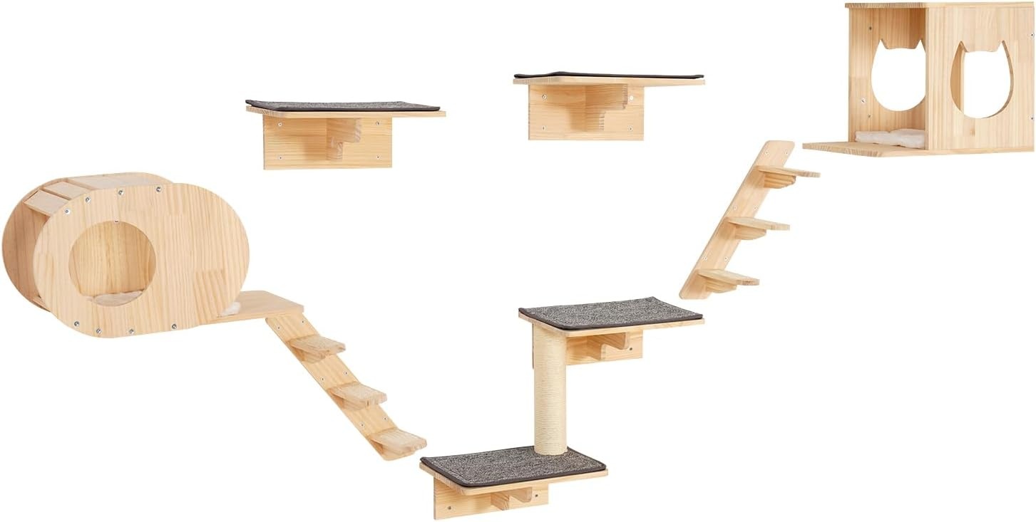 image:imageVEVOR Wall Mounted Cat Shelves Cat Wall Shelves and Perches with Jumping Boards Cat Beds Hammocks amp Cat Tree Cat Furniture and Shelves up to 40 lbs for Sleeping Playing Climbing Set of 9Free