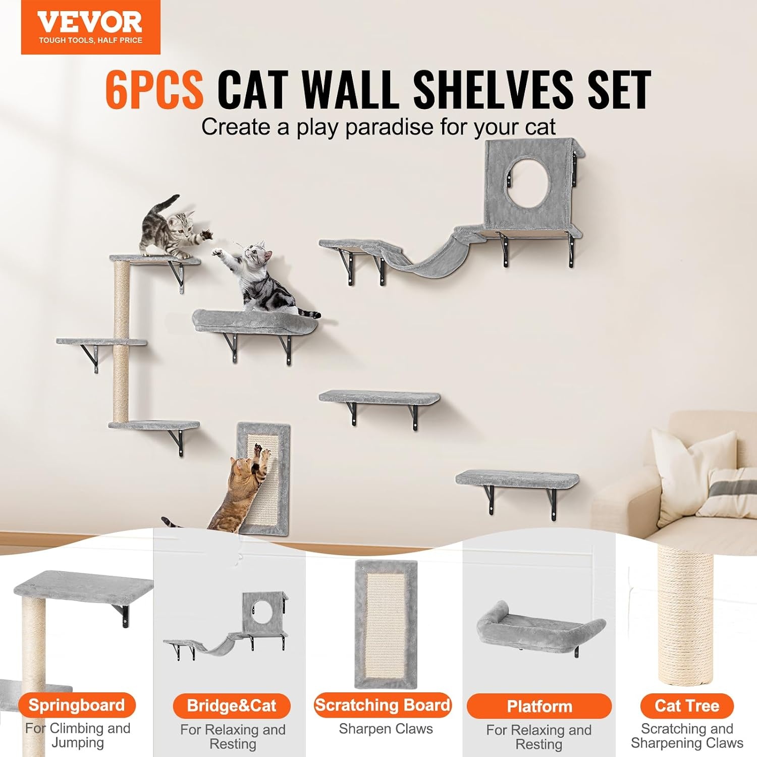 image:imageVEVOR Wall Mounted Cat Shelves Cat Wall Shelves and Perches with Jumping Boards Cat Beds Hammocks amp Cat Tree Cat Furniture and Shelves up to 40 lbs for Sleeping Playing Climbing Set of 9Free