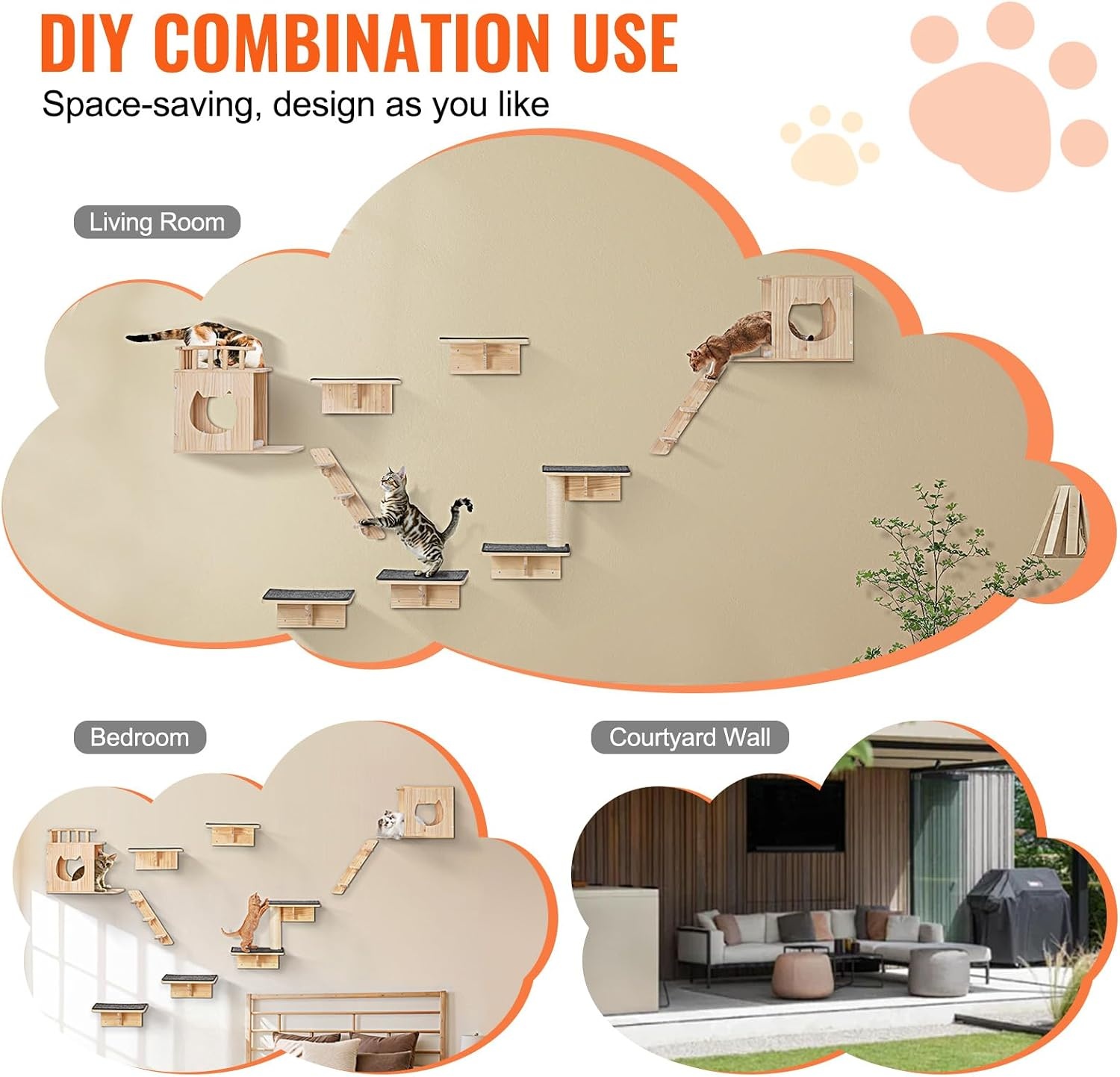 image:imageVEVOR Wall Mounted Cat Shelves Cat Wall Shelves and Perches with Jumping Boards Cat Beds Hammocks amp Cat Tree Cat Furniture and Shelves up to 40 lbs for Sleeping Playing Climbing Set of 9Free