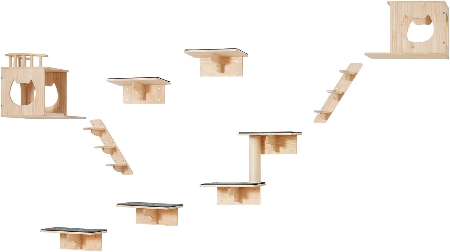 image:imageVEVOR Wall Mounted Cat Shelves Cat Wall Shelves and Perches with Jumping Boards Cat Beds Hammocks amp Cat Tree Cat Furniture and Shelves up to 40 lbs for Sleeping Playing Climbing Set of 9Free