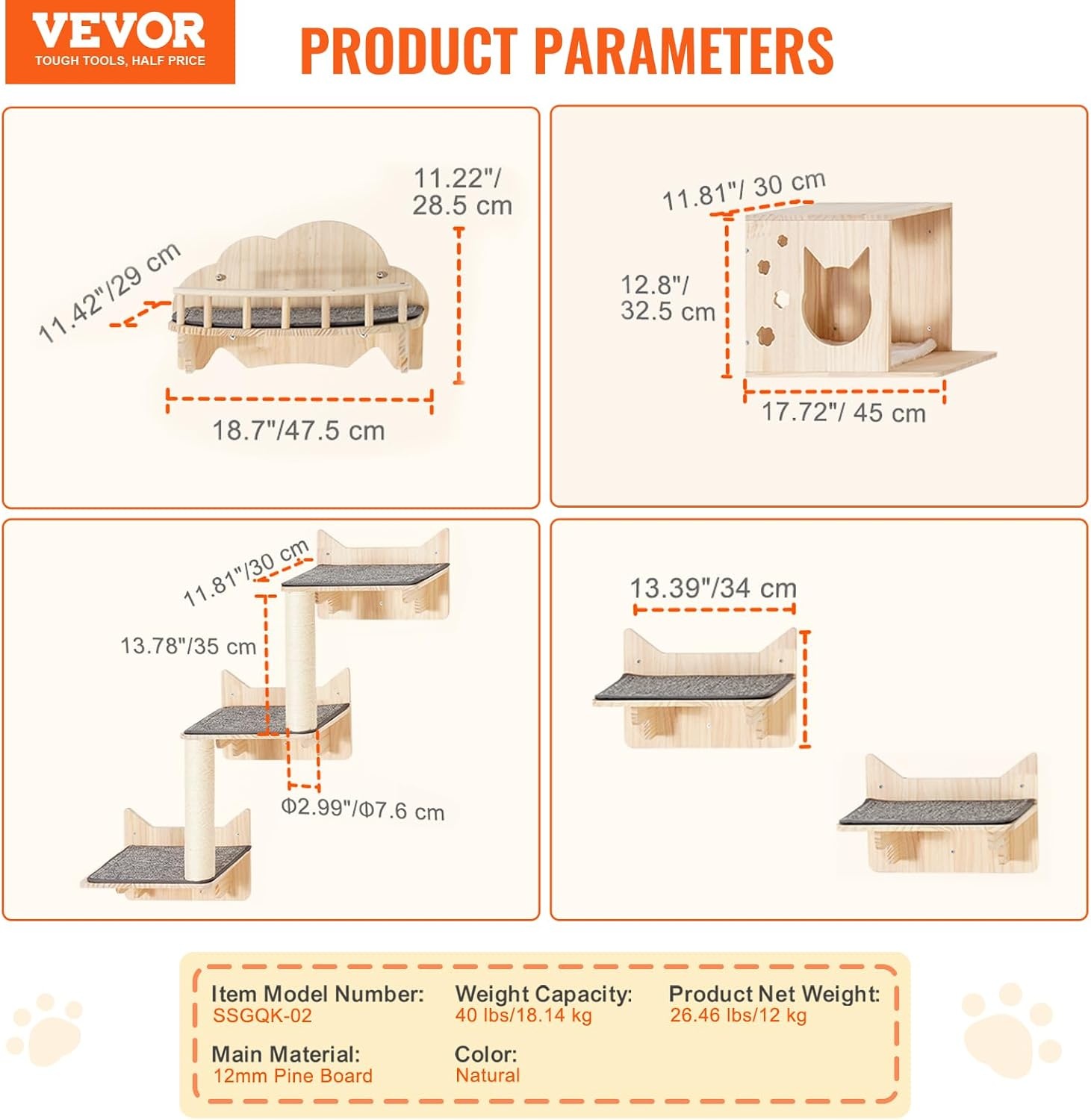 image:imageVEVOR Wall Mounted Cat Shelves Cat Wall Shelves and Perches with Jumping Boards Cat Beds Hammocks amp Cat Tree Cat Furniture and Shelves up to 40 lbs for Sleeping Playing Climbing Set of 9Free
