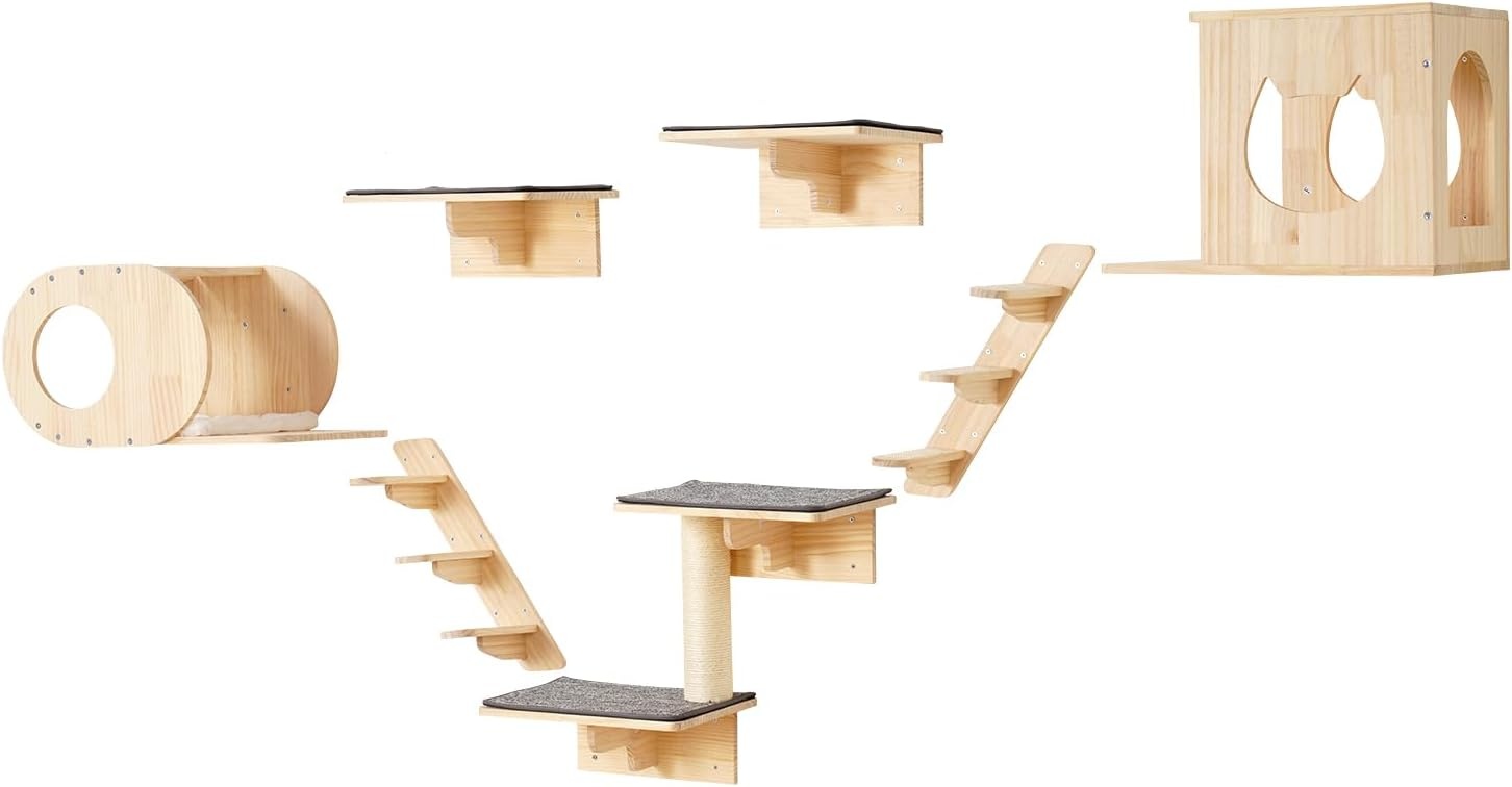 image:imageVEVOR Wall Mounted Cat Shelves Cat Wall Shelves and Perches with Jumping Boards Cat Beds Hammocks amp Cat Tree Cat Furniture and Shelves up to 40 lbs for Sleeping Playing Climbing Set of 9Free
