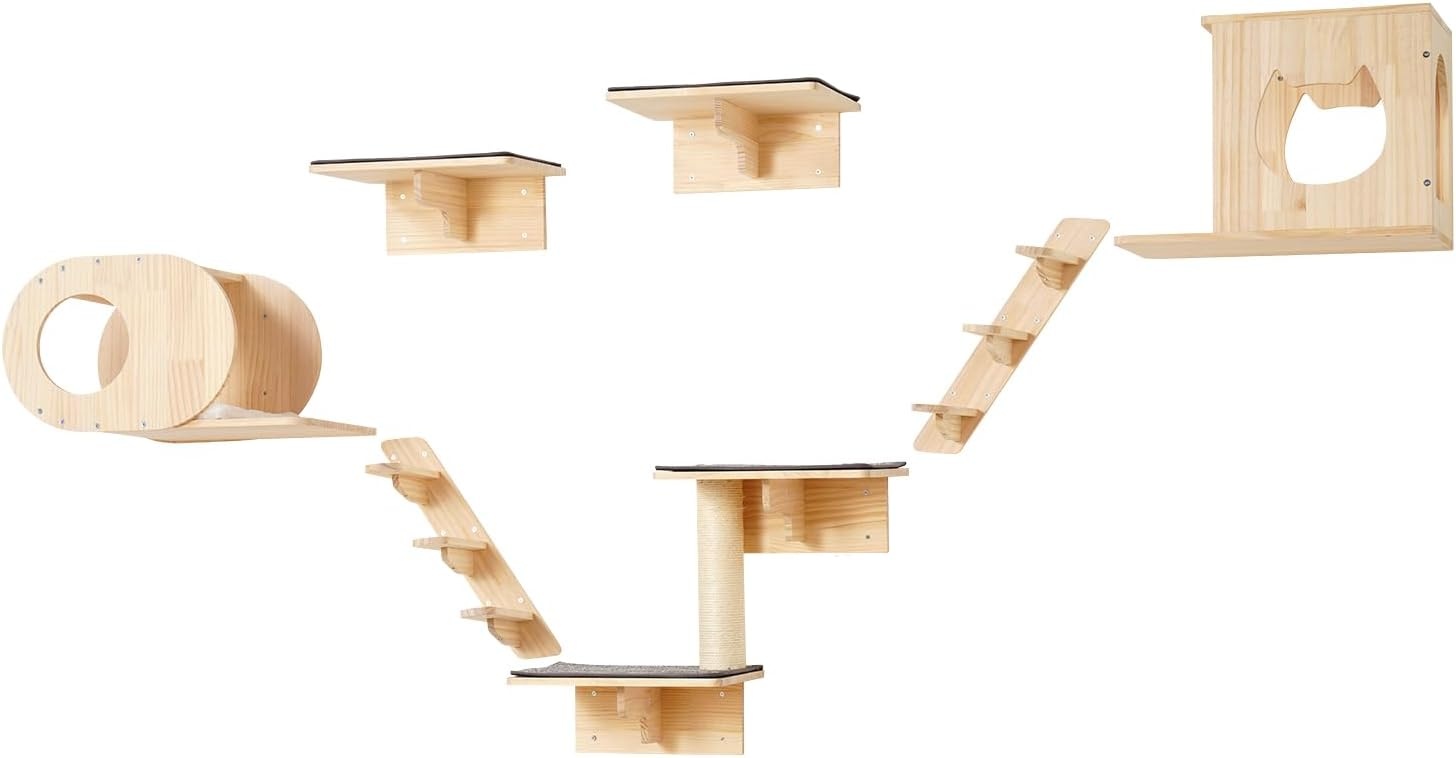 image:imageVEVOR Wall Mounted Cat Shelves Cat Wall Shelves and Perches with Jumping Boards Cat Beds Hammocks amp Cat Tree Cat Furniture and Shelves up to 40 lbs for Sleeping Playing Climbing Set of 9Free