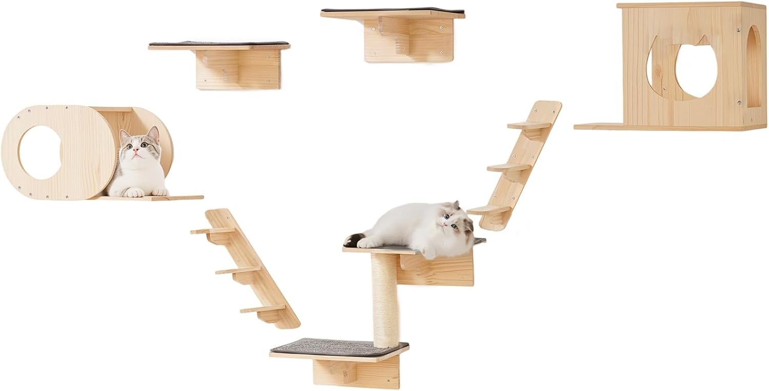 image:imageVEVOR Wall Mounted Cat Shelves Cat Wall Shelves and Perches with Jumping Boards Cat Beds Hammocks amp Cat Tree Cat Furniture and Shelves up to 40 lbs for Sleeping Playing Climbing Set of 9Free