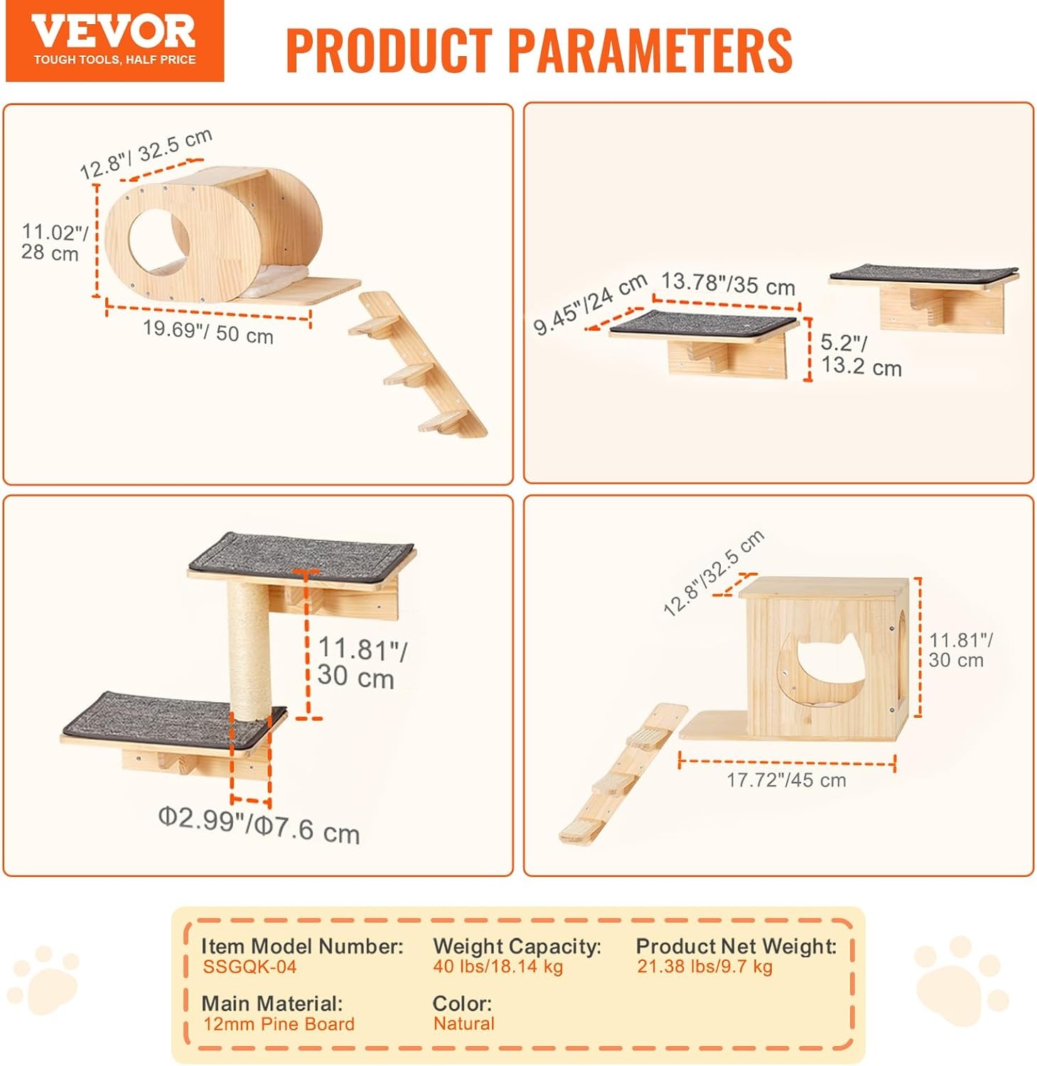 image:imageVEVOR Wall Mounted Cat Shelves Cat Wall Shelves and Perches with Jumping Boards Cat Beds Hammocks amp Cat Tree Cat Furniture and Shelves up to 40 lbs for Sleeping Playing Climbing Set of 9Free