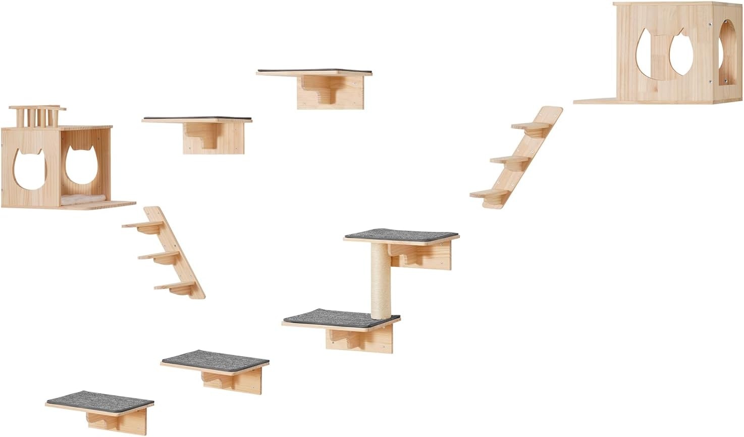 image:imageVEVOR Wall Mounted Cat Shelves Cat Wall Shelves and Perches with Jumping Boards Cat Beds Hammocks amp Cat Tree Cat Furniture and Shelves up to 40 lbs for Sleeping Playing Climbing Set of 9Free