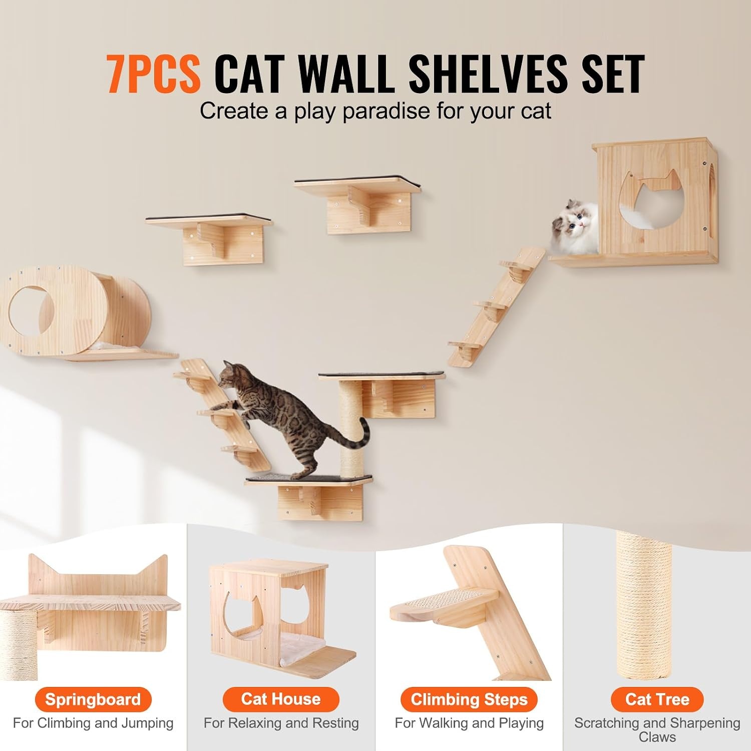 image:imageVEVOR Wall Mounted Cat Shelves Cat Wall Shelves and Perches with Jumping Boards Cat Beds Hammocks amp Cat Tree Cat Furniture and Shelves up to 40 lbs for Sleeping Playing Climbing Set of 9Free