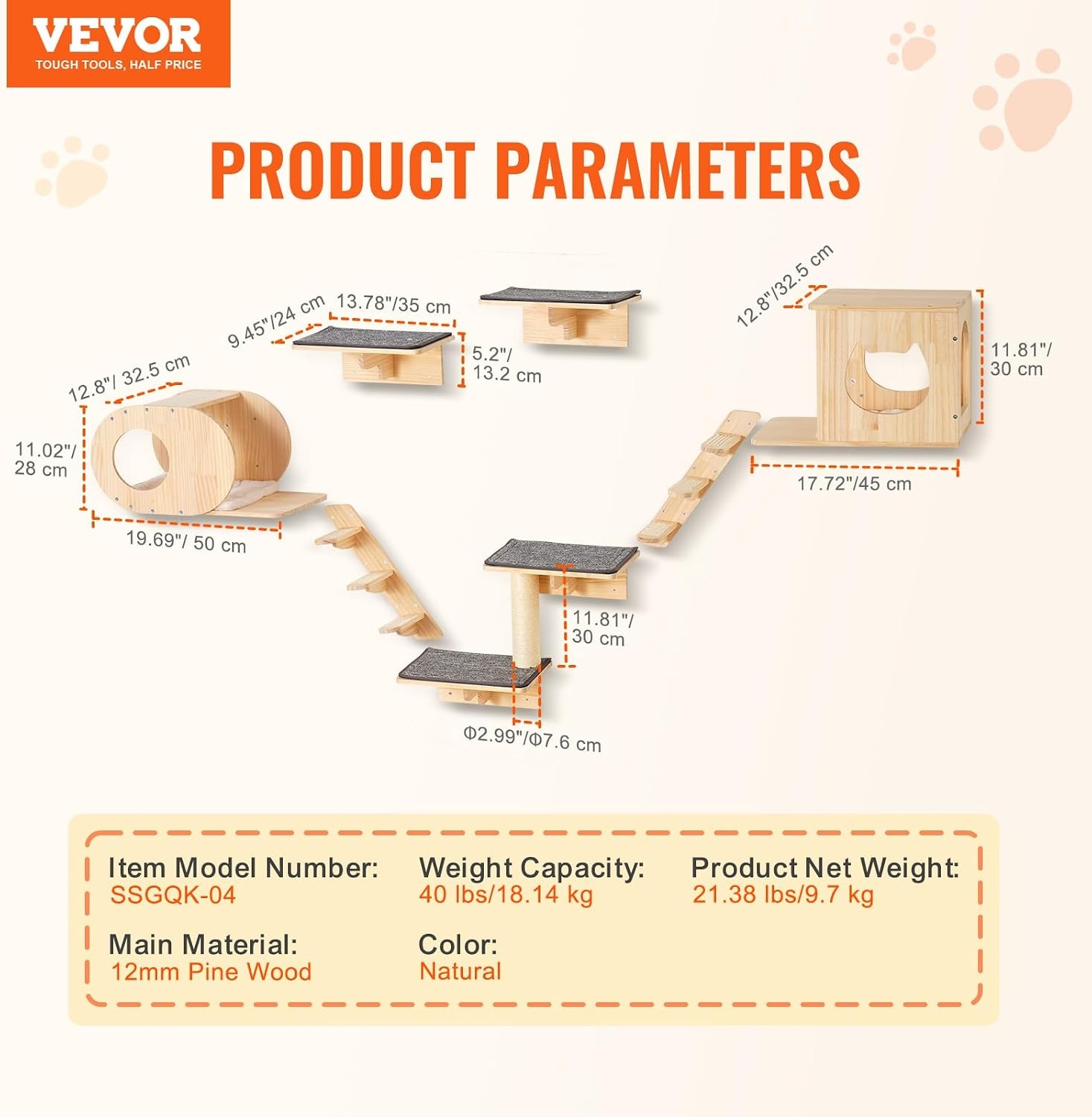 image:imageVEVOR Wall Mounted Cat Shelves Cat Wall Shelves and Perches with Jumping Boards Cat Beds Hammocks amp Cat Tree Cat Furniture and Shelves up to 40 lbs for Sleeping Playing Climbing Set of 9Free