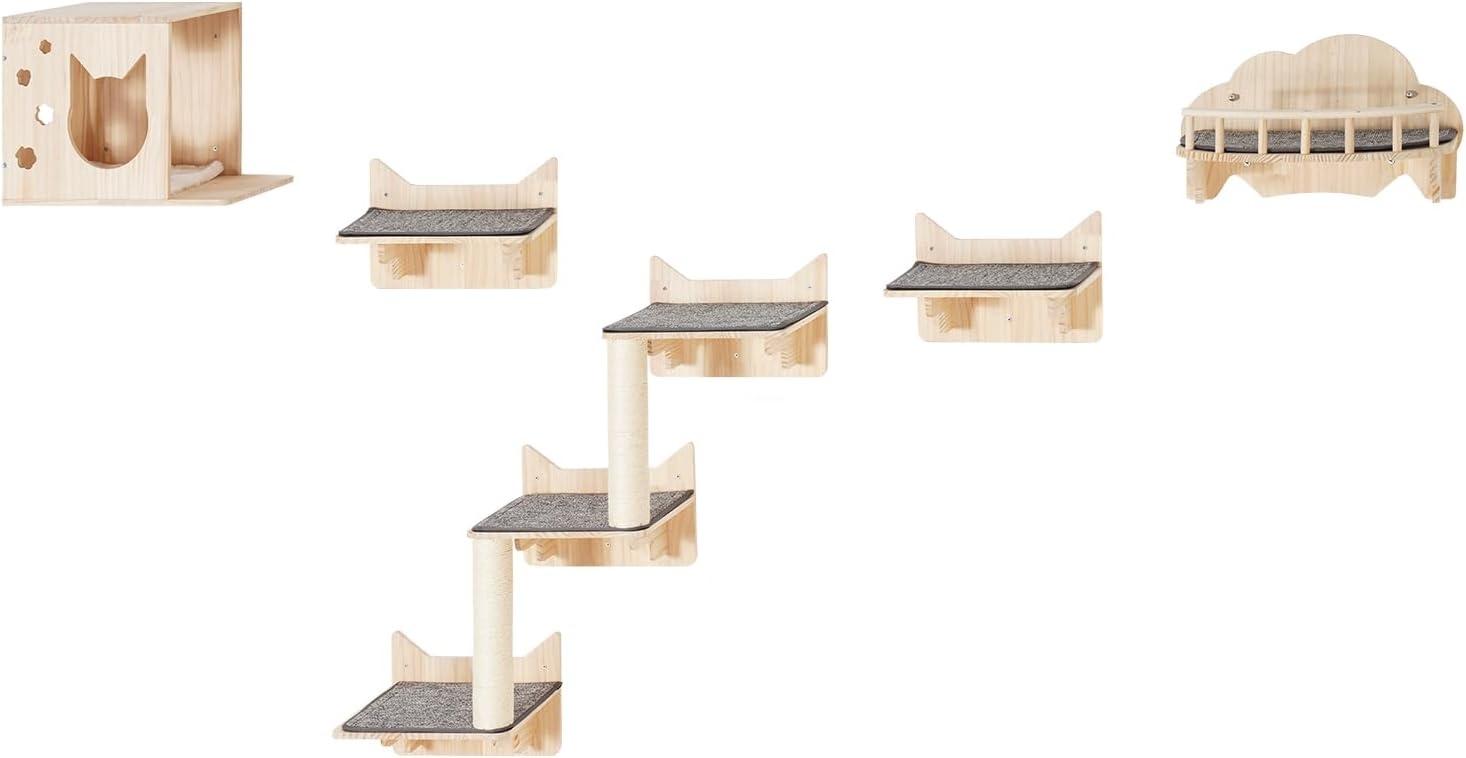 image:imageVEVOR Wall Mounted Cat Shelves Cat Wall Shelves and Perches with Jumping Boards Cat Beds Hammocks amp Cat Tree Cat Furniture and Shelves up to 40 lbs for Sleeping Playing Climbing Set of 9Free