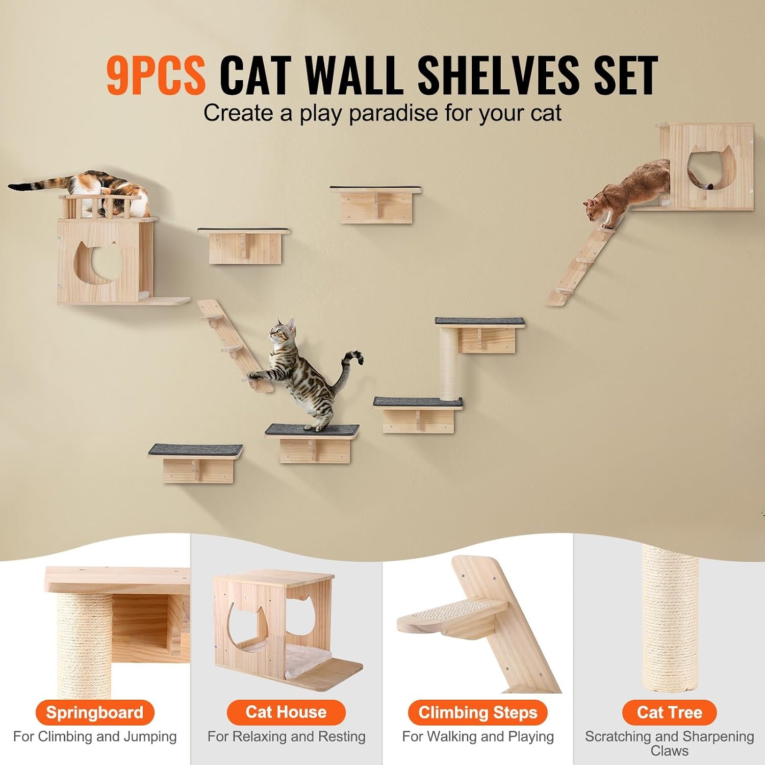image:imageVEVOR Wall Mounted Cat Shelves Cat Wall Shelves and Perches with Jumping Boards Cat Beds Hammocks amp Cat Tree Cat Furniture and Shelves up to 40 lbs for Sleeping Playing Climbing Set of 9Free