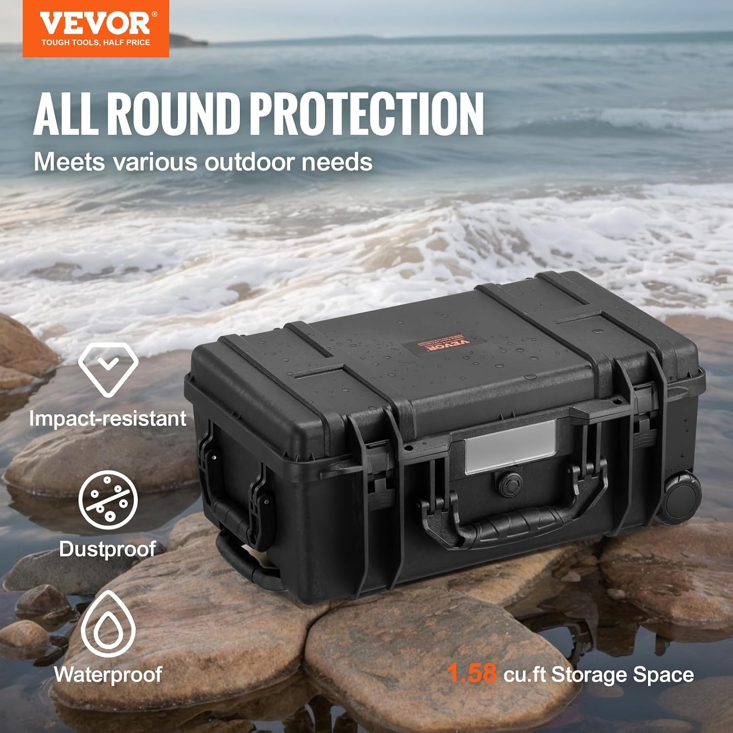image:imageVEVOR Weatherproof Hard Case Heavy Duty Protective Dry Box with Precut Foam Retractable Pull Handles for Travel Hunting Military Tactical IP67 Waterproof Case for Cameras1496x1181x551Black