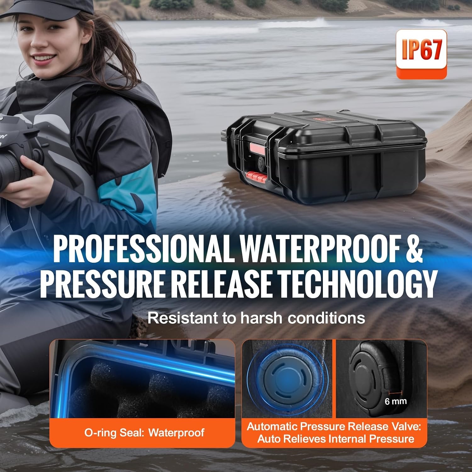 image:imageVEVOR Weatherproof Hard Case Heavy Duty Protective Dry Box with Precut Foam Retractable Pull Handles for Travel Hunting Military Tactical IP67 Waterproof Case for Cameras1496x1181x551Black