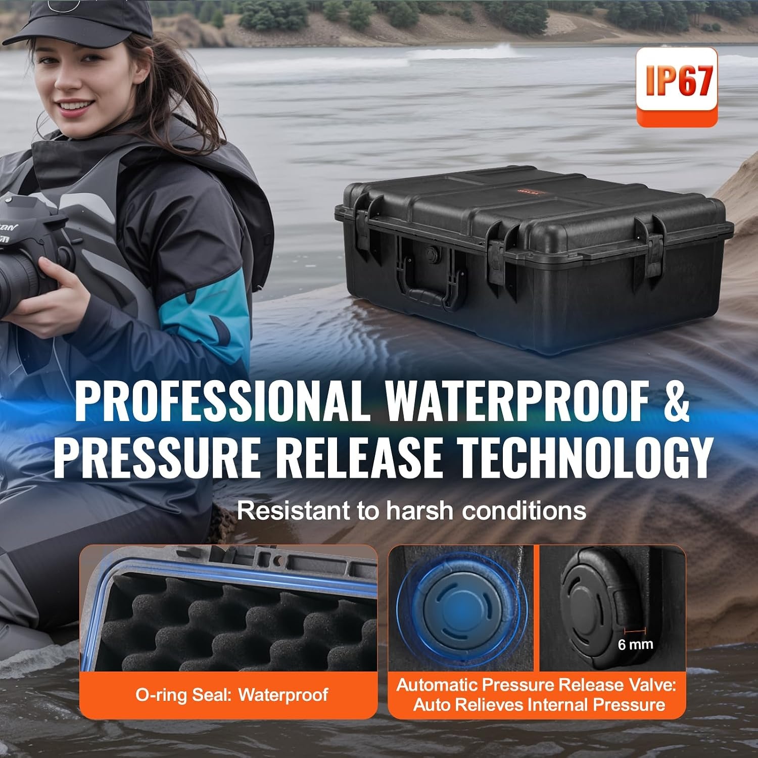 image:imageVEVOR Weatherproof Hard Case Heavy Duty Protective Dry Box with Precut Foam Retractable Pull Handles for Travel Hunting Military Tactical IP67 Waterproof Case for Cameras1496x1181x551Black