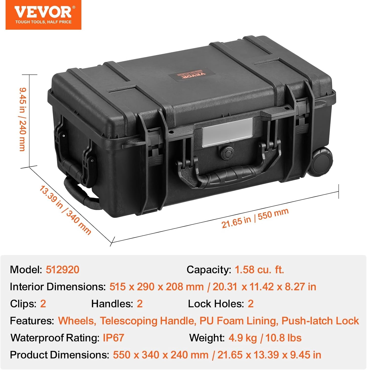 image:imageVEVOR Weatherproof Hard Case Heavy Duty Protective Dry Box with Precut Foam Retractable Pull Handles for Travel Hunting Military Tactical IP67 Waterproof Case for Cameras1496x1181x551Black