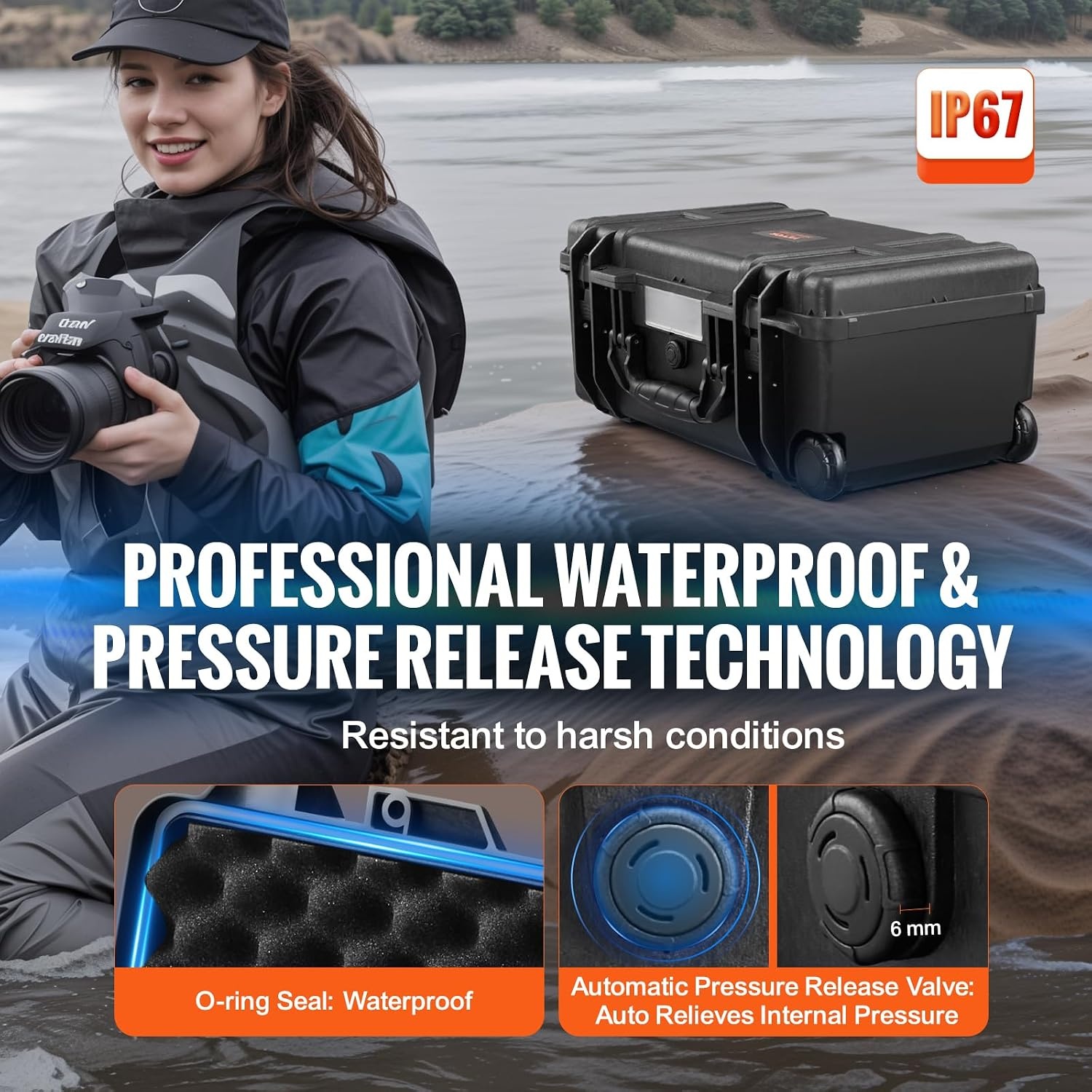 image:imageVEVOR Weatherproof Hard Case Heavy Duty Protective Dry Box with Precut Foam Retractable Pull Handles for Travel Hunting Military Tactical IP67 Waterproof Case for Cameras1496x1181x551Black