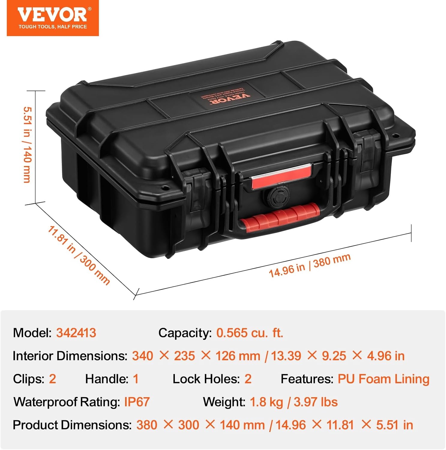 image:imageVEVOR Weatherproof Hard Case Heavy Duty Protective Dry Box with Precut Foam Retractable Pull Handles for Travel Hunting Military Tactical IP67 Waterproof Case for Cameras1496x1181x551Black