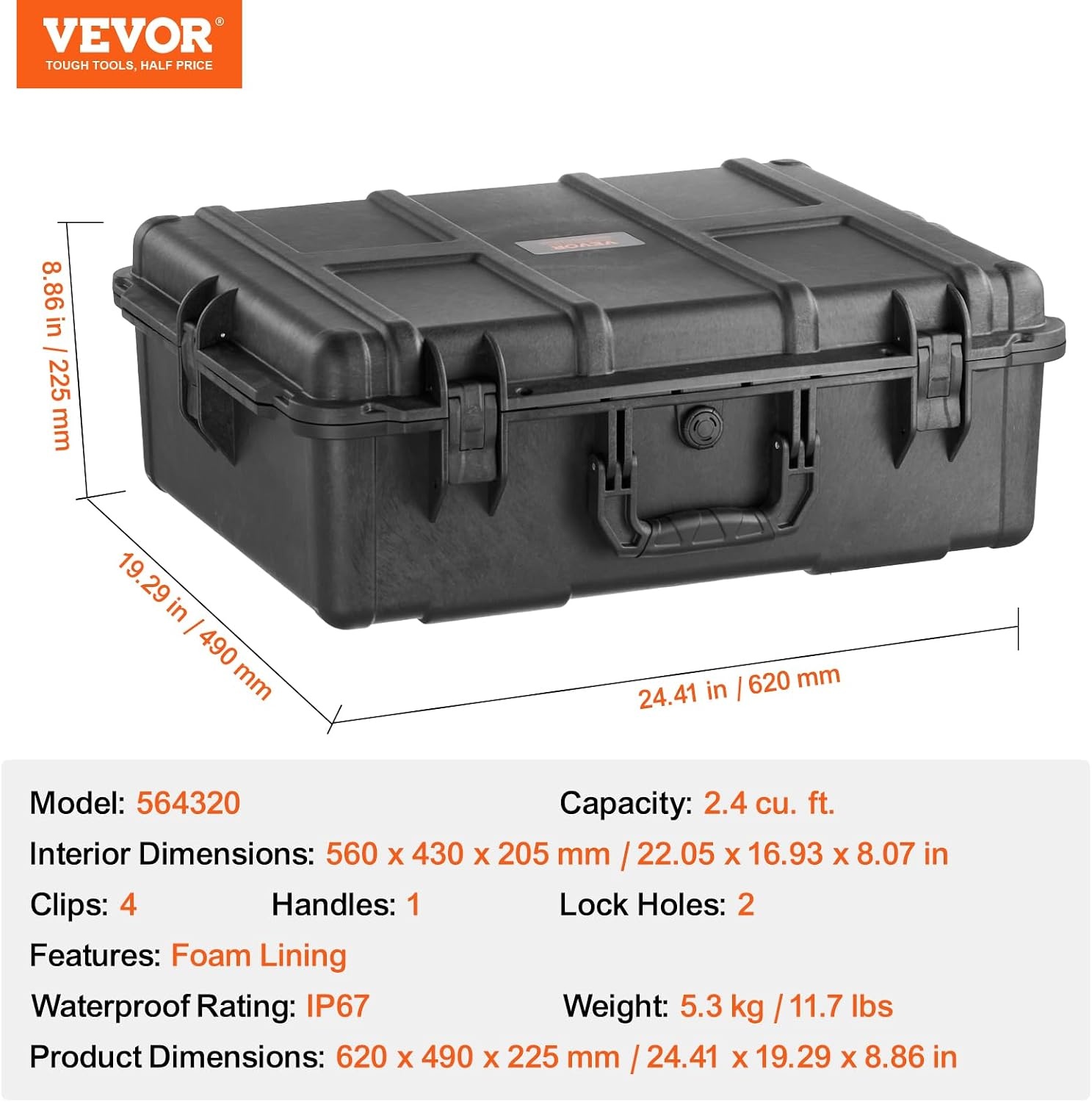 image:imageVEVOR Weatherproof Hard Case Heavy Duty Protective Dry Box with Precut Foam Retractable Pull Handles for Travel Hunting Military Tactical IP67 Waterproof Case for Cameras1496x1181x551Black