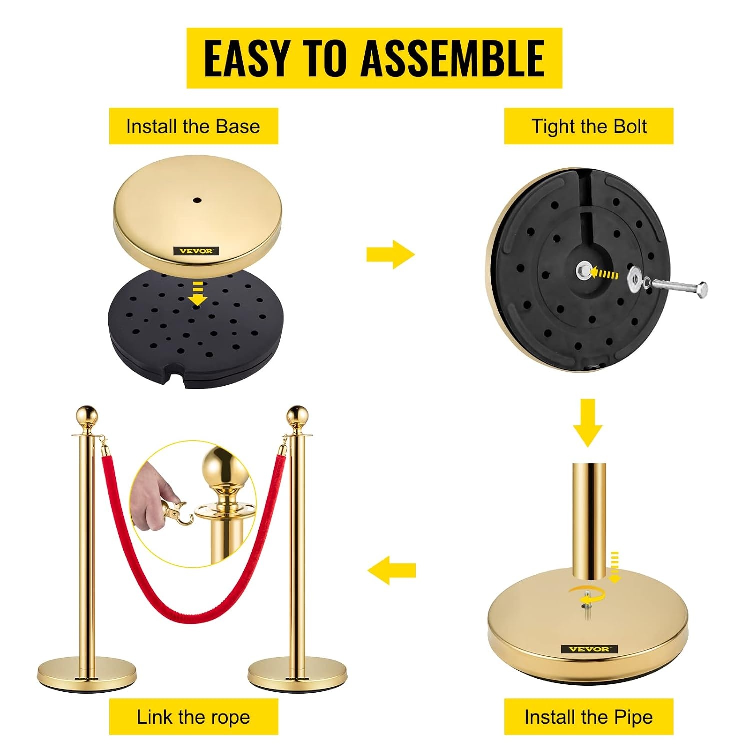image:imageVevor Velvet Ropes and Posts 4 Pcs 3 Red Velvet Rope 5 ft Stanchion Post with Ball Top Crowd Control Barriers Gold Stanchions Red Carpet Poles Crowd Control Ropes and Poles for Party SuppliesGold