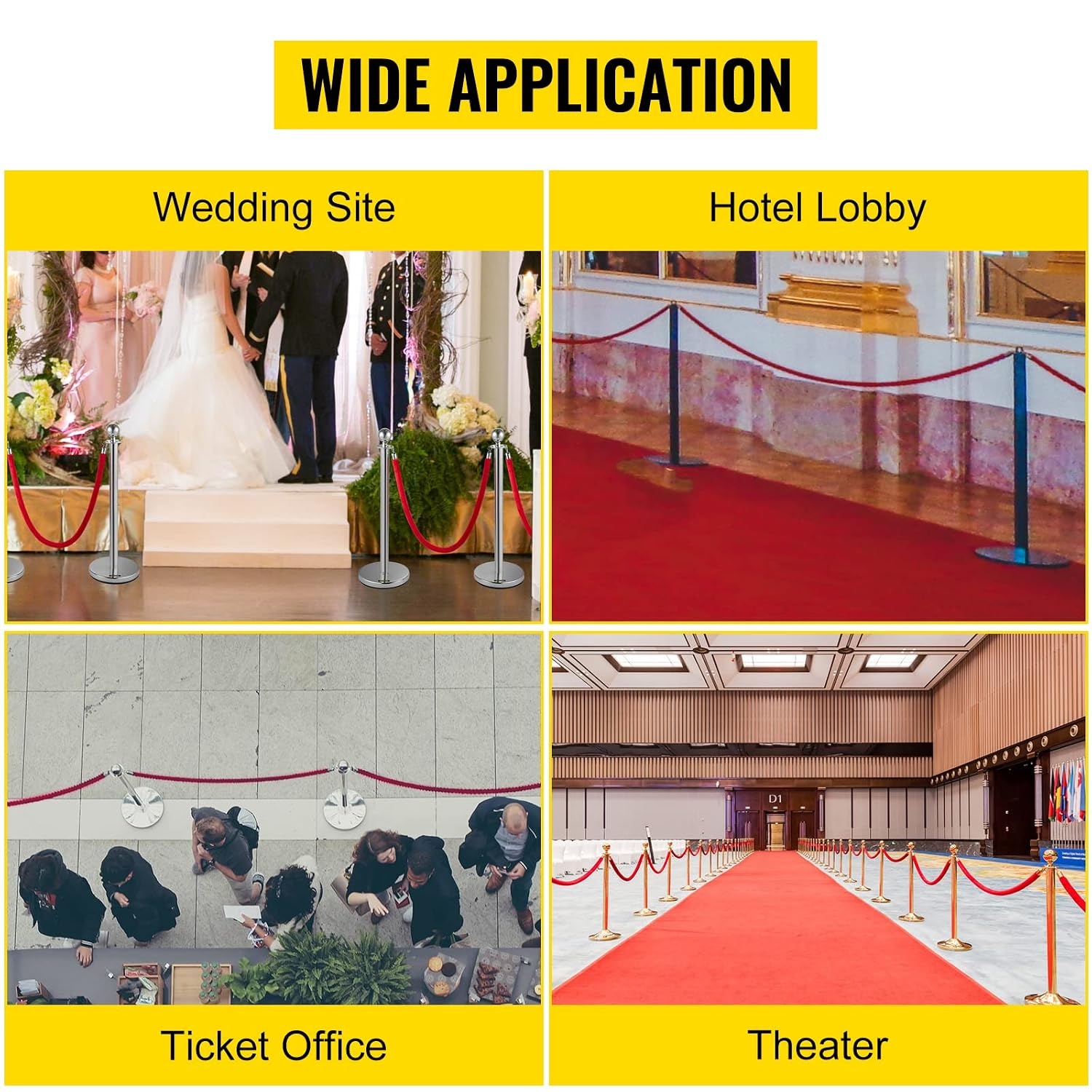 image:imageVevor Velvet Ropes and Posts 4 Pcs 3 Red Velvet Rope 5 ft Stanchion Post with Ball Top Crowd Control Barriers Gold Stanchions Red Carpet Poles Crowd Control Ropes and Poles for Party SuppliesGold