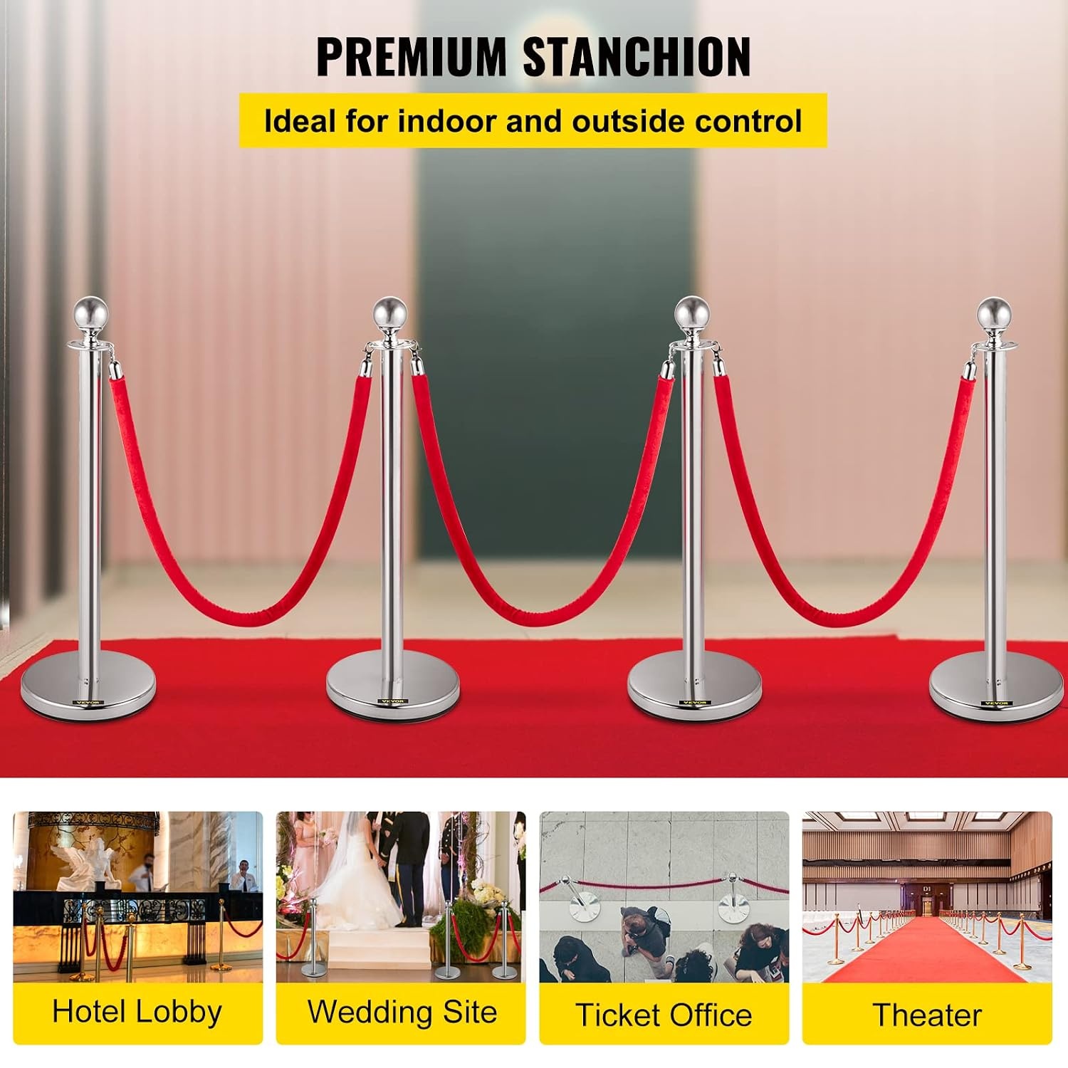 image:imageVevor Velvet Ropes and Posts 4 Pcs 3 Red Velvet Rope 5 ft Stanchion Post with Ball Top Crowd Control Barriers Gold Stanchions Red Carpet Poles Crowd Control Ropes and Poles for Party Suppliessilver