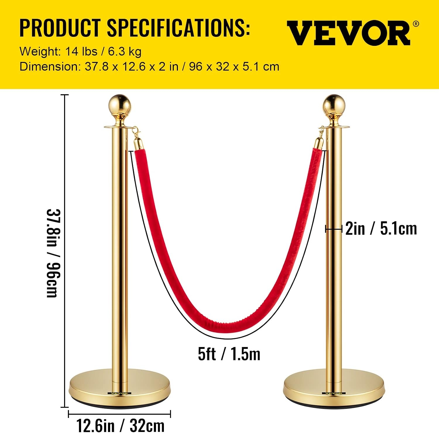 image:imageVevor Velvet Ropes and Posts 4 Pcs 3 Red Velvet Rope 5 ft Stanchion Post with Ball Top Crowd Control Barriers Gold Stanchions Red Carpet Poles Crowd Control Ropes and Poles for Party SuppliesGold