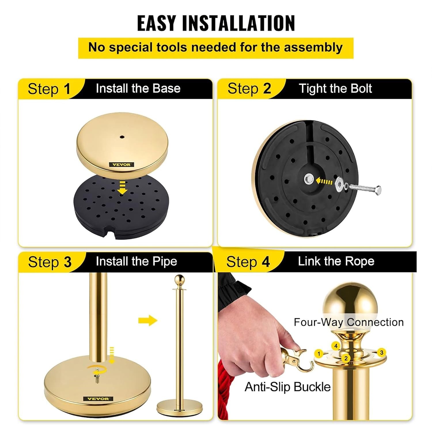 image:imageVevor Velvet Ropes and Stanchion Post with Ball Top and Four Way Connection for Crowd Control Barriers Safety and Protection Gold