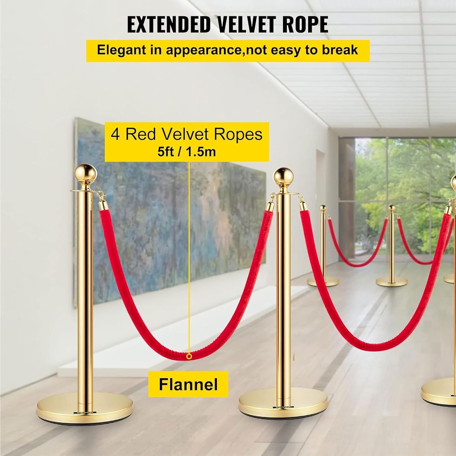image:imageVevor Velvet Ropes and Stanchion Post with Ball Top and Four Way Connection for Crowd Control Barriers Safety and Protection Gold