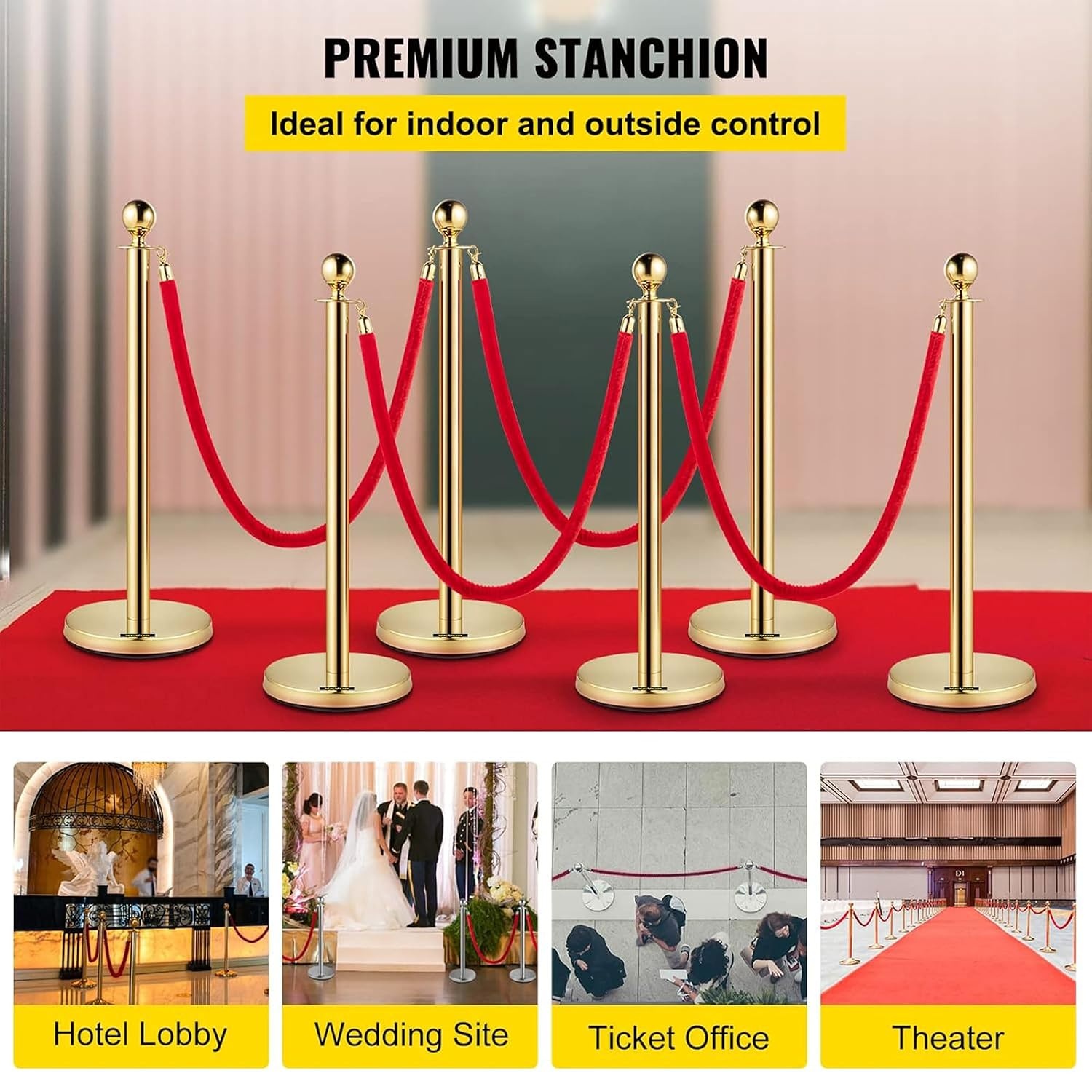 image:imageVevor Velvet Ropes and Stanchion Post with Ball Top and Four Way Connection for Crowd Control Barriers Safety and Protection Gold
