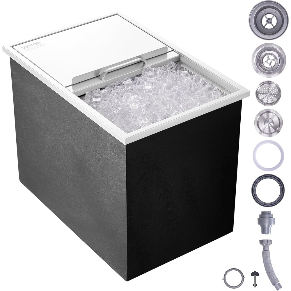 image:imageHappybuy Drop in Ice Chest 18L x 12W x 145H Inch Stainless Steel Ice Cooler with Sliding Cover Drop in Ice Bin Included DrainPipe and Drain Plug for Cold Wine Beer27 x 18 x 21 Inch