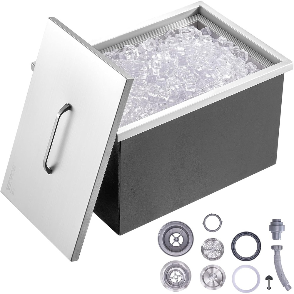 image:imageHappybuy Drop in Ice Chest 18L x 12W x 145H Inch Stainless Steel Ice Cooler with Sliding Cover Drop in Ice Bin Included DrainPipe and Drain Plug for Cold Wine Beer23 x 17 x 12 Inch