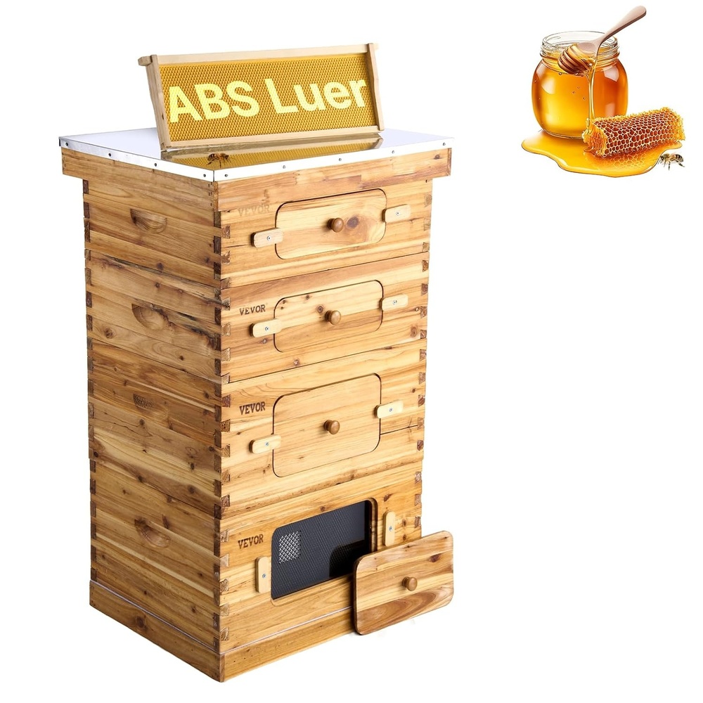 image:imageVEVOR 10 Frame Bee Hive Beeswax Coated Fir Wood Bee Hives Starter Kit2 Deep  2 Medium Bee Boxes Langstroth Beehive Kit Transparent Acrylic Windows with Foundations for Beginners Pro BeekeepersDeep Box x 2 Medium Box x 2