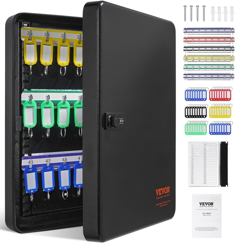 image:imageVEVOR 100Key Cabinet Key Lock Box with Adjustable Racks Security Key Storage Box Steel Key Organizer with 100 Colorful Key Tags and 2 Record Cards for School Office Hotel48Key Cabinet