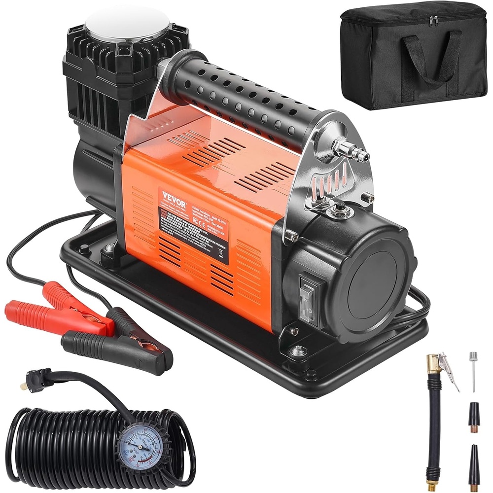 image:imageVEVOR 12V Portable Tire Inflator 706CFM Heavy Duty Air Compressor 150PSI Offroad Air Pump with Adapters for Car SUV RV Truck  Include 65FT Power Cord 26FT Air Hose with Pressure Gauge Carry Bag706CFM