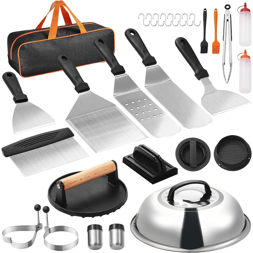 image:imageVEVOR 28PCS Griddle Accessories Kit Flat Top Grill Accessory Enlarged Spatula Gift Set Stainless Steel Grilling Tools with Basting Cover Tong Burger Press Carry Bag for Outdoor BBQ Teppanyaki