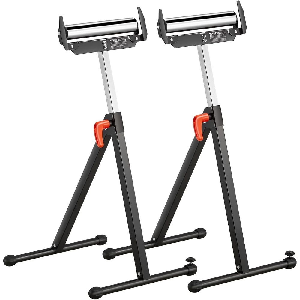 image:imageVEVOR 2Pack Stands 250 lbs Load Capacity 2743 in Adjustable Height Folding Heavy Duty with Polished Steel Roller Head amp Edge Guides for Table Saw Outfeed Woodworking Extension Support Black2Pack