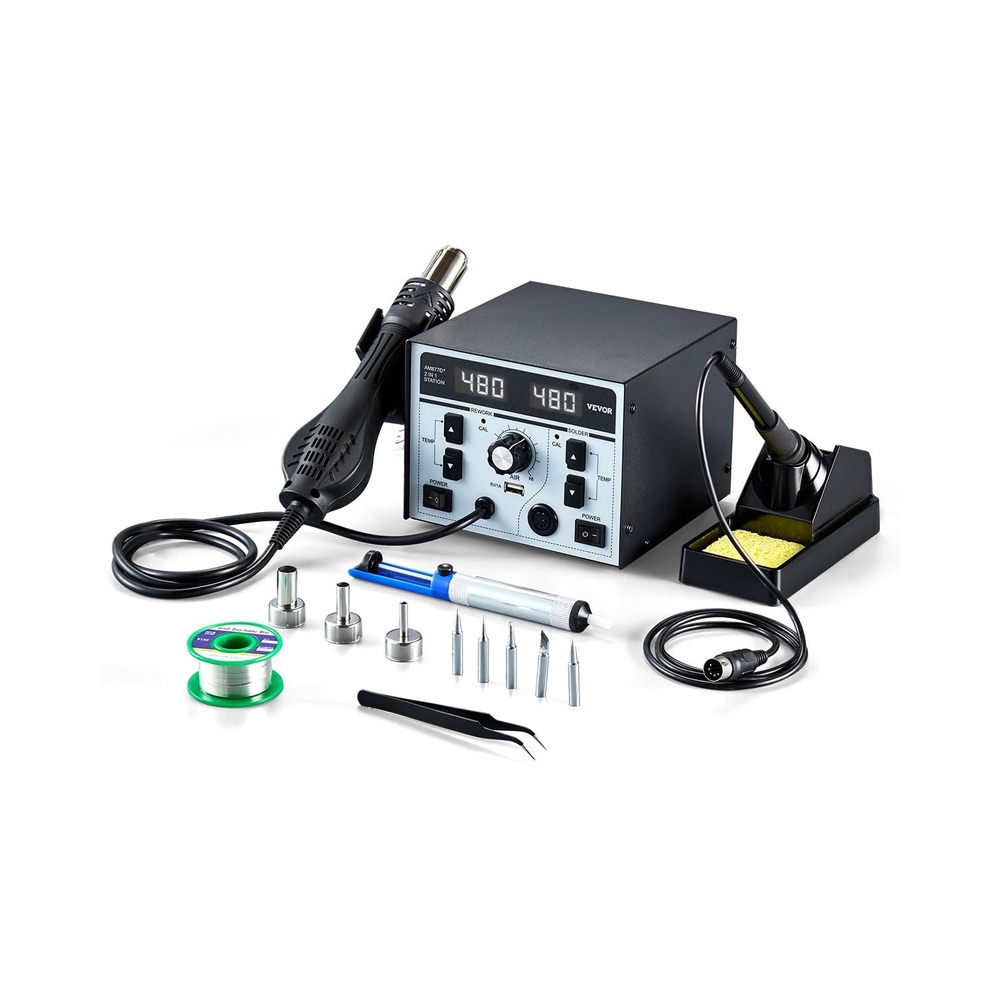 image:imageVEVOR 2in1 Hot Air Rework Station amp Soldering Station 820W LED Digital Rework and Soldering Iron Station with 5V USB Charging Port Adjustable Temps amp Airflow  Conversion 3 Hot Air Nozzles
