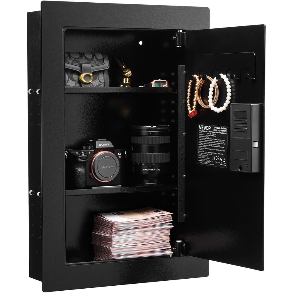 image:imageVEVOR 433 High Wall Safe 4Tier Hidden Wall Mounted Gun Safe with Password amp Key Q235 ColdRolled Steel InWall Box with LED Lighting 3 Adjustable Shelves amp Key Holders BlackBlack