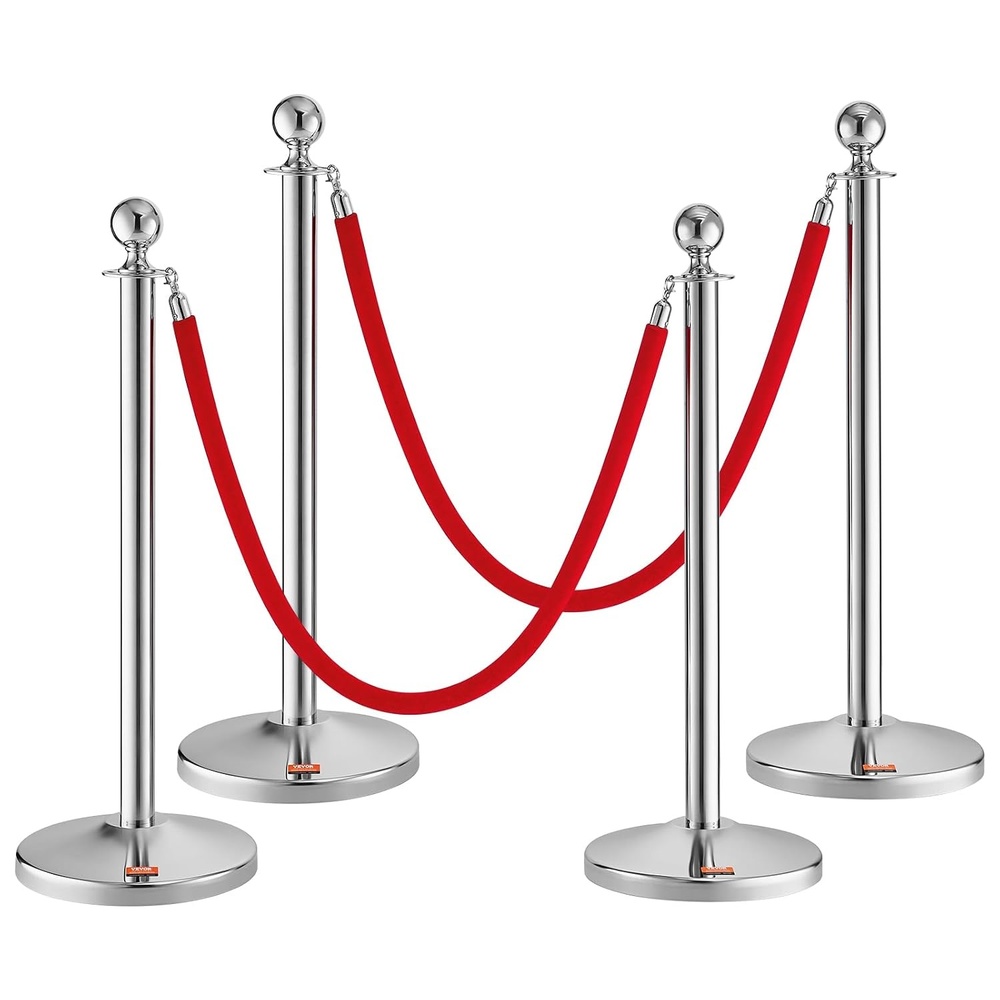 image:imageVEVOR 4Pack Stanchion Posts with 2PCS 5FT Red Velvet Ropes Stainless Steel Queue Barriers Line Divider with Fillable Plastic Base amp Ball Top for Wedding Museum PartySilver