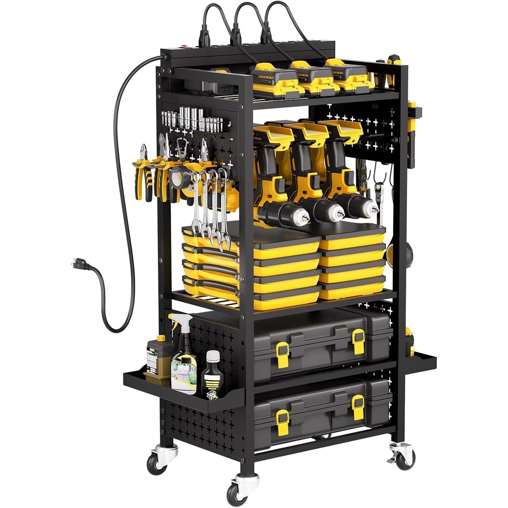 image:imageVEVOR 4Tier Tool Organizer Cart 150 lbs Load Capacity Floor Stand Rolling Drill Holder and Stability Storage Rack Heavy Duty Garage Floor Rolling Storage Cart for Workshop Garage Black5Tier with 8 AC Outlet