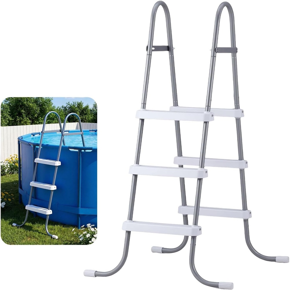 image:imageVEVOR Above Ground Pool Ladder 4Step Steel AFrame Swimming Pool Stairs for 48 in High Wall 300 lbs Capacity EntryExit Steps with Secure NonSlip Sturdy Wide Step Easy Setup Gray amp White3Step for 42 In