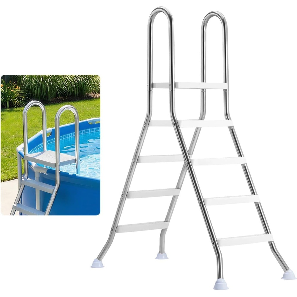 image:imageVEVOR Above Ground Pool Ladder Stainless Steel AFrame Swimming Pool Stairs for 492 in High Wall 300 lbs Capacity Heavy Duty EntryExit Steps with Secure NonSlip 3 Steps and Platform Silver