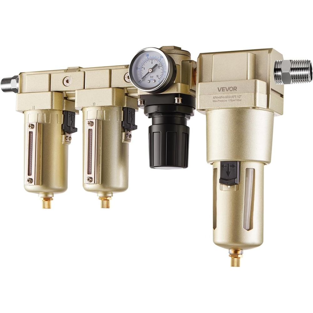 image:imageVEVOR Air Compressor Filter Regulator Combo 12 NPT 3Stage 25m amp 5m amp 03m Compressed Air Drying System with Micron Filters amp OilWater Separator SemiAuto Drain 175PSI Max Working Pressure12 NPT 03m
