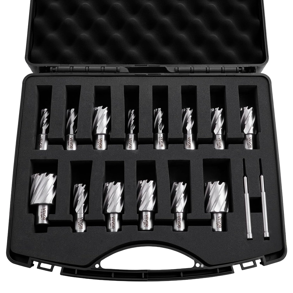 image:imageVEVOR Annular Cutter Set 13 pcs Weldon Shank Mag Drill Bits 1 Cutting Depth 716 to 1116 Cutting Diameter M2AL HSS 2 Pilot Pins Hex Wrench and Portable Case for Using with Magnetic Drills716  138  1