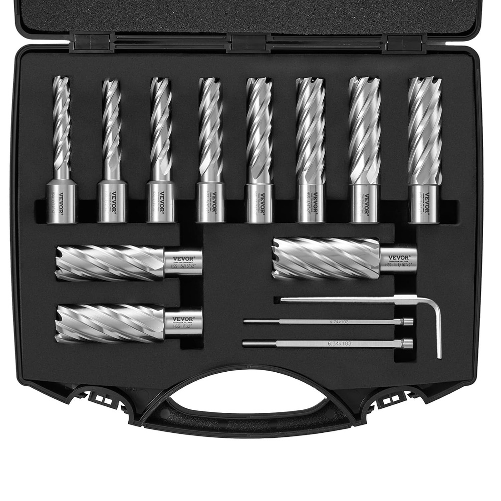 image:imageVEVOR Annular Cutter Set 13 pcs Weldon Shank Mag Drill Bits 1 Cutting Depth 716 to 1116 Cutting Diameter M2AL HSS 2 Pilot Pins Hex Wrench and Portable Case for Using with Magnetic Drills716  1116  2